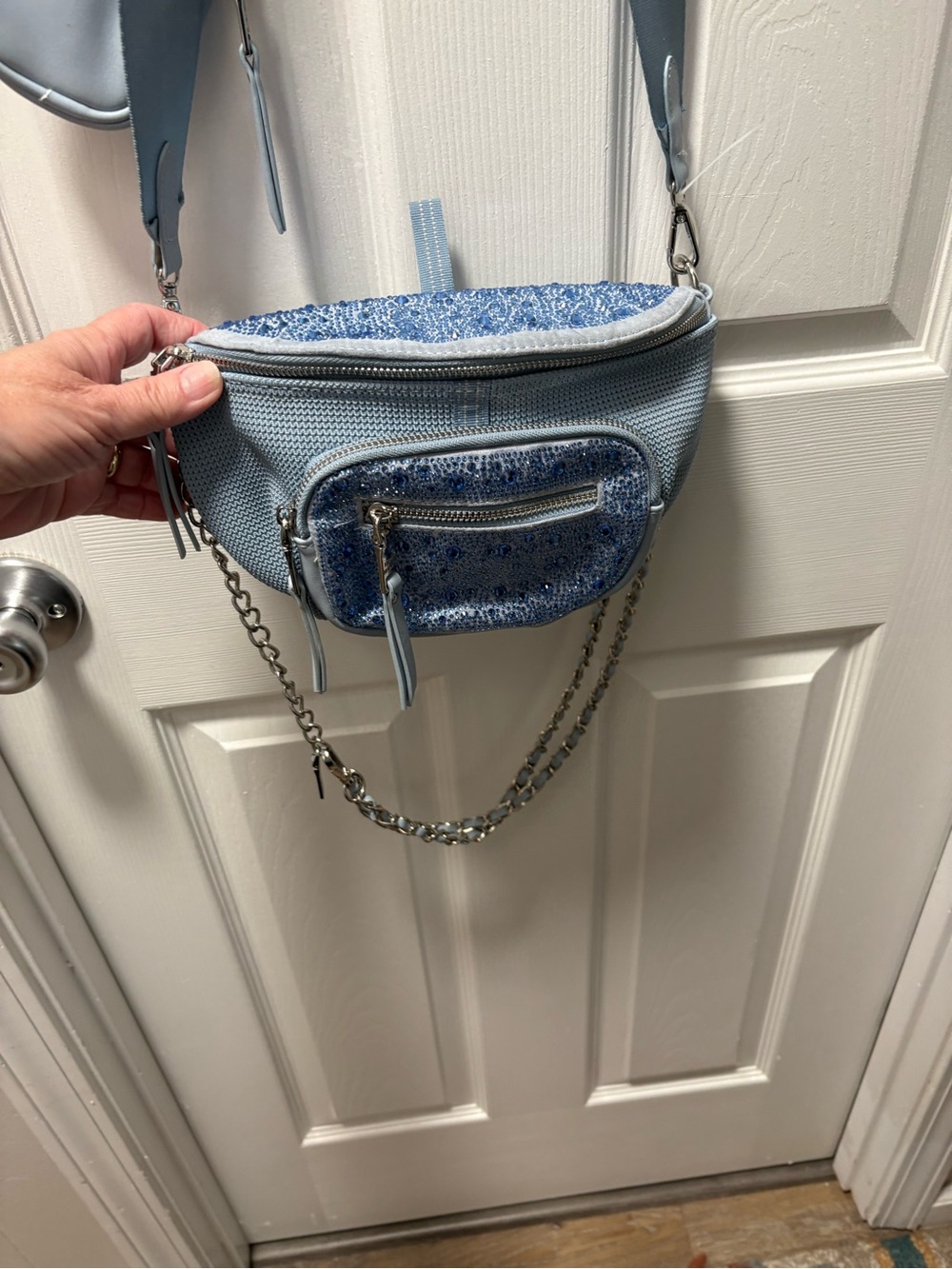 Steve Madden Light Blue Crossbody Belt Bag with Chain